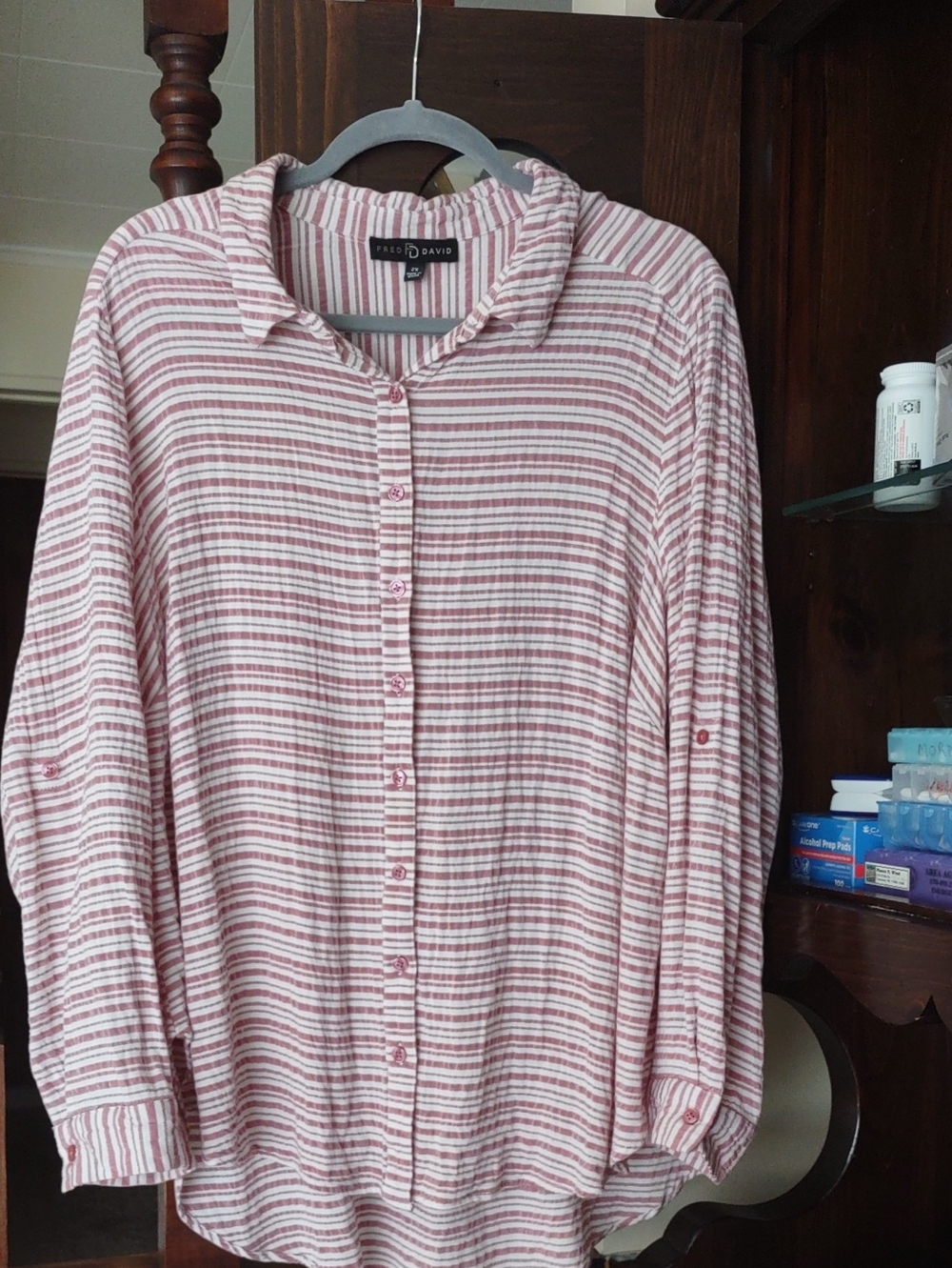 FRED DAVID Pink And White Candy Stripe Gauze Blouse With Roll Tab Sleeves. 2X